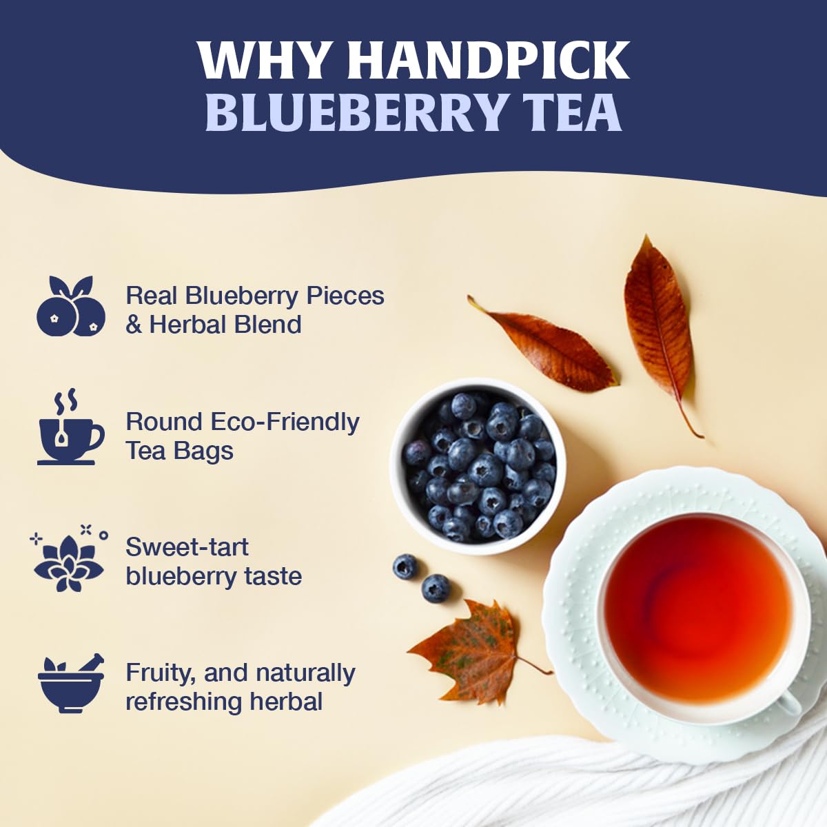 HANDPICK Wild Blueberry Tea Bags being poured into a cup with color.