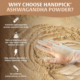 HANDPICK Withania somnifera raw roots highlight natural sourcing.