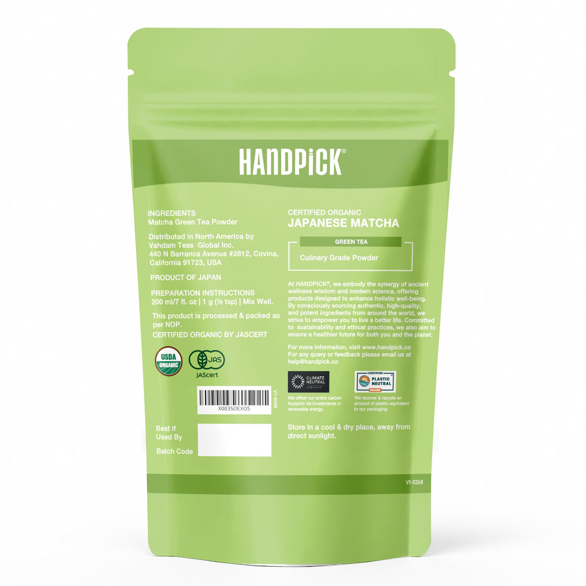 HANDPICK Ziplock pouch seals freshness with aromatic opening.