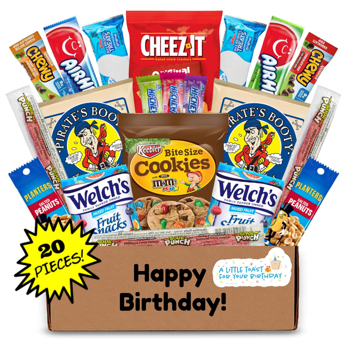 Hangry Kit birthday box open, showing a varied snack lineup for sharing