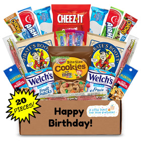 Hangry Kit birthday box open, showing a varied snack lineup for sharing