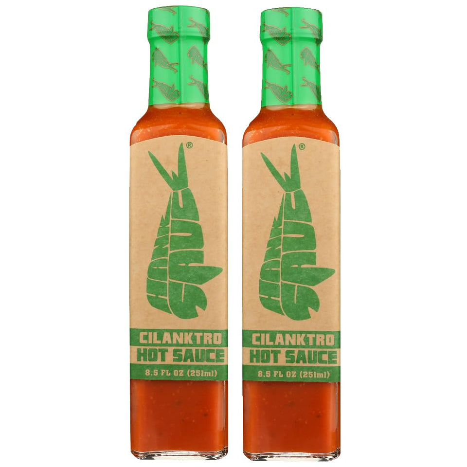 Hank Sauce Cilanktro hot sauce bottle adds cilantro garlic heat to tacos and eggs.