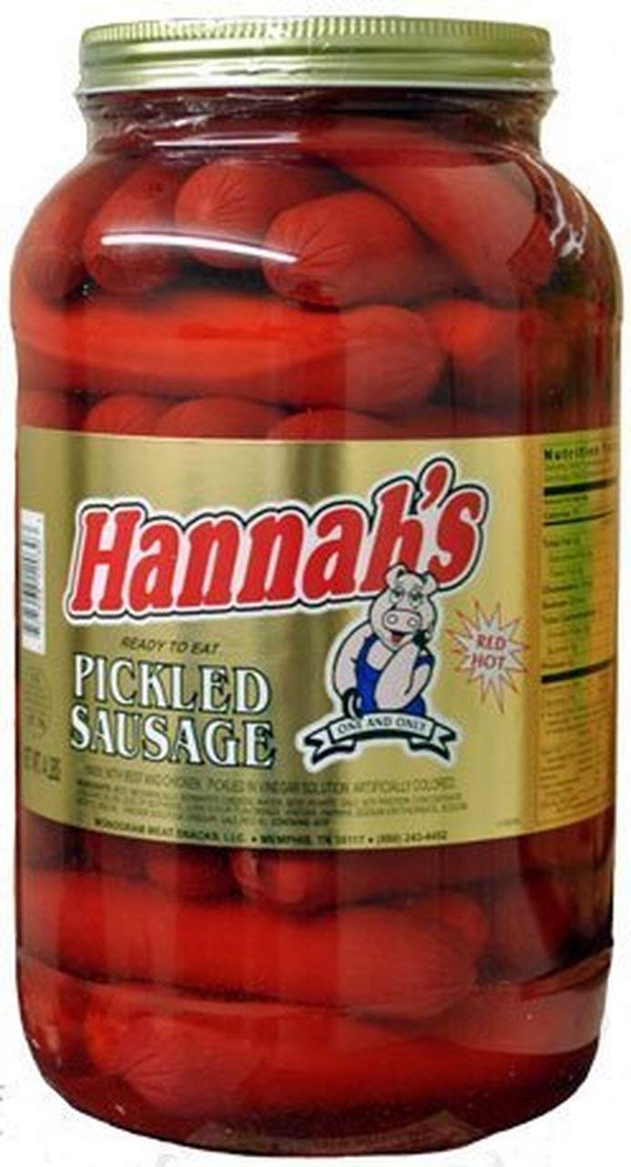 Hannah's hot pickled sausage in a gallon jar for bold snacks and batch-ready party platters