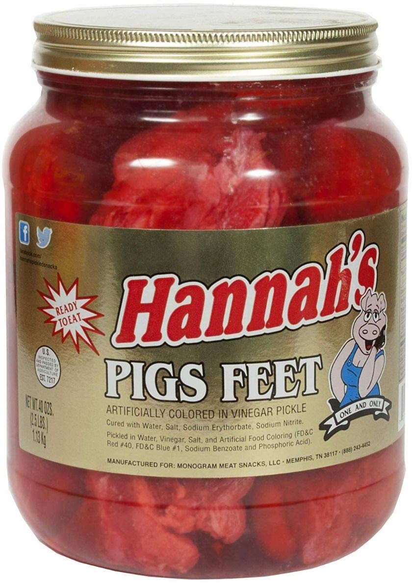 Hannah's Pickled Pigs Feet half-gallon jar showcasing tangy brine, ideal for charcuterie boards and bold snacking