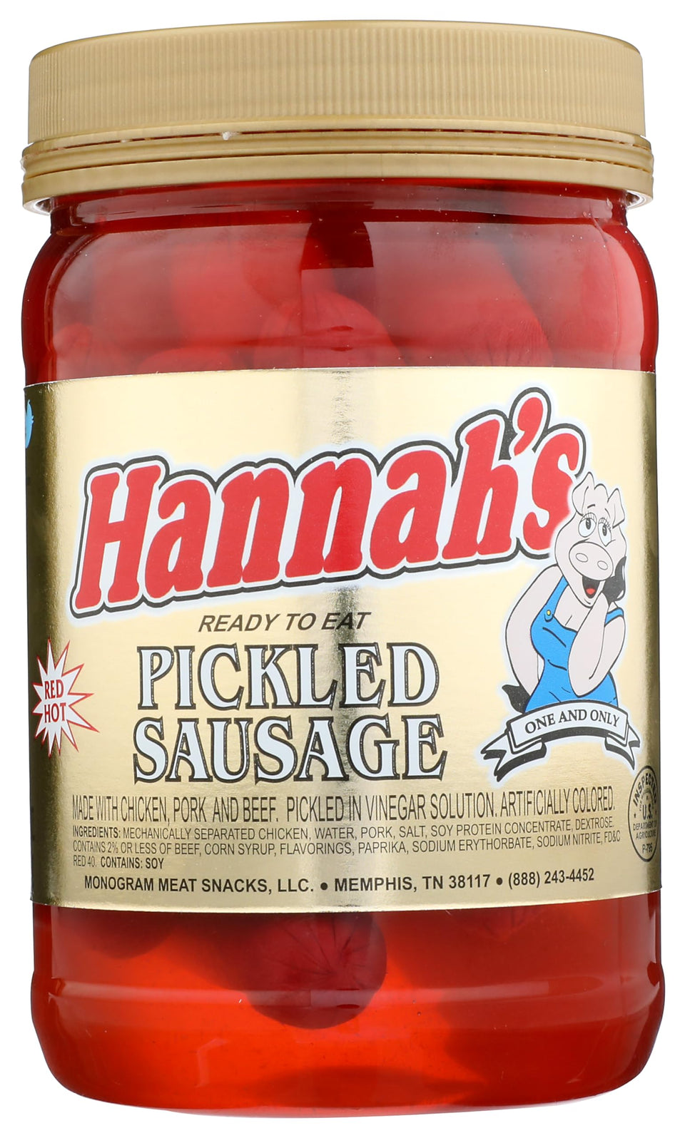 Hannah's Pickled Sausage 16oz jar offers a savory, ready-to-serve snack option.