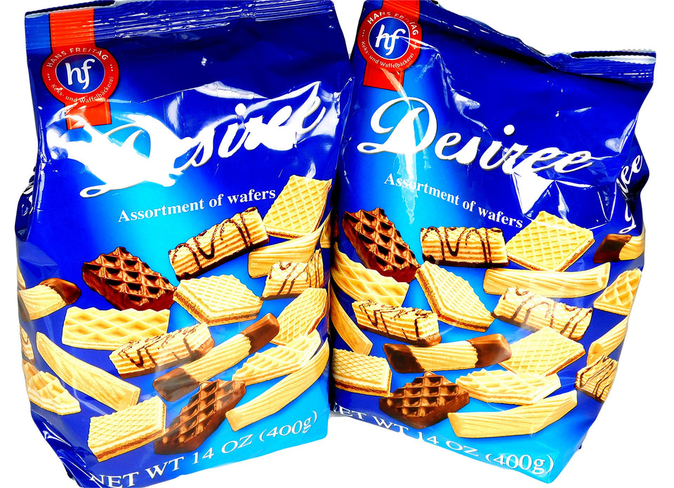 Hans Freitag Desiree wafer assortment packaging shows premium chocolate filled wafers for gifting