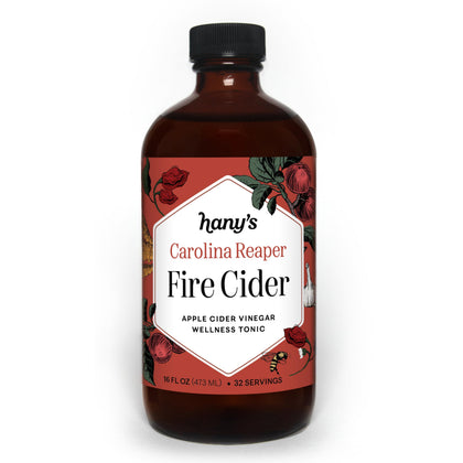 Hany's Harvest Fire Cider bottle delivers bold, spicy flavor for everyday routines.