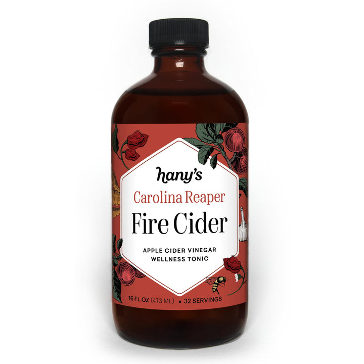 Hany's Harvest Fire Cider bottle delivers bold, spicy flavor for everyday routines.