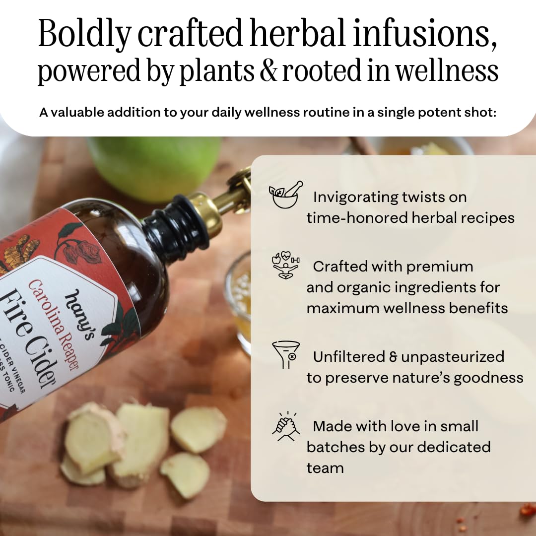 Hany's Harvest Fire Cider ingredients highlight premium organic components.
