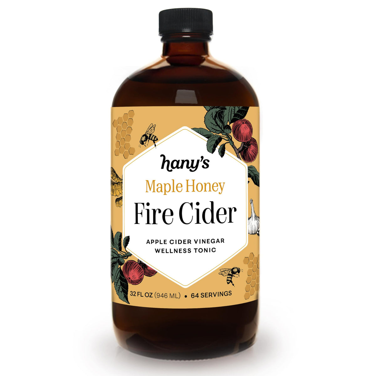 Hany's Harvest Maple Honey Fire Cider bottle with bold label, ideal for daily wellness rituals.