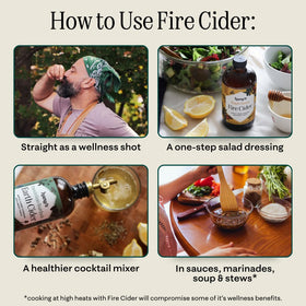 Glass bottle of Hany's Harvest Fire Cider on kitchen counter for easy use in dressings and drinks.
