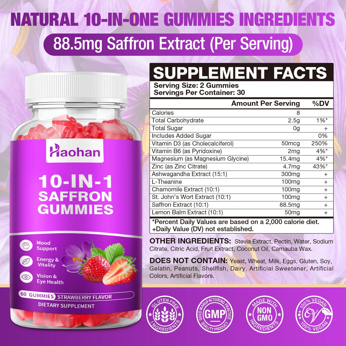 Haohan saffron gummies strawberry flavor close-up for kid-friendly taste.