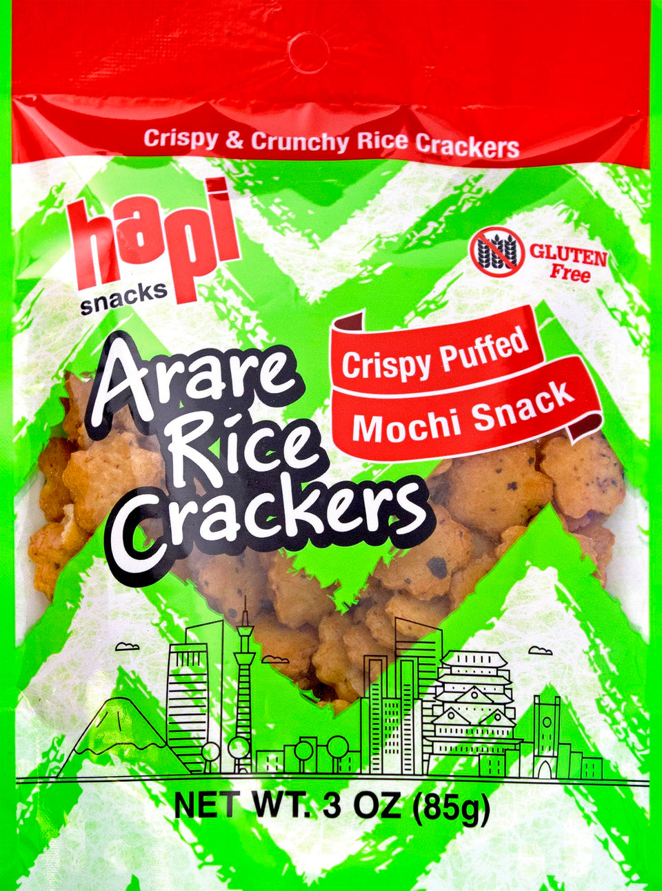 HAPI Crispy Puff Mochi Arare crackers pack for on-the-go snacking with a crunchy texture.