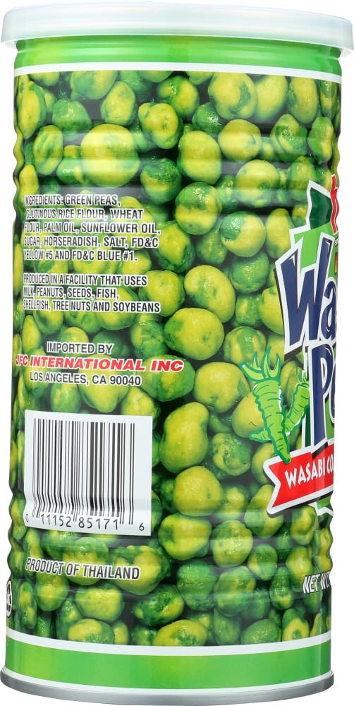 Open tin showing crunchy peas with wasabi heat, great for on-the-go