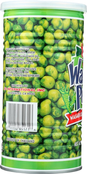 Open tin showing crunchy peas with wasabi heat, great for on-the-go