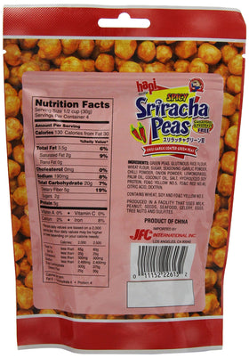 HAPI Sriracha Peas Pouch packaging with resealable cap for freshness.
