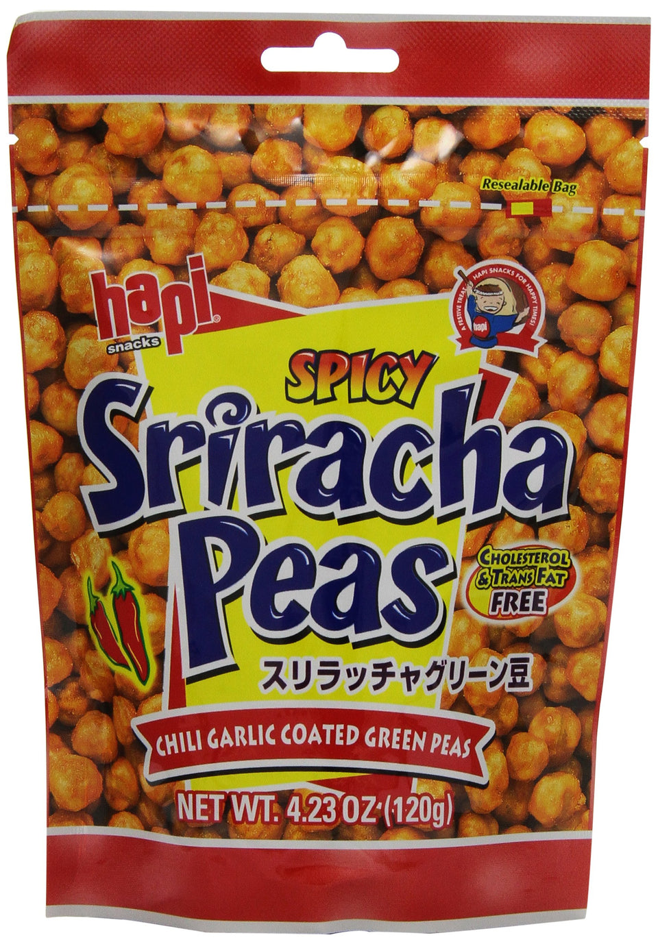 HAPI Sriracha Peas Pouch ready to snack, spicy crunch on the go.