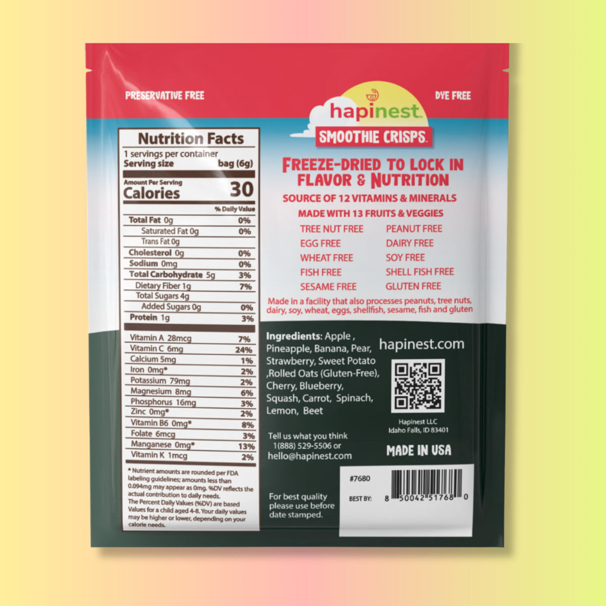 Hapinest Smoothie Crisps Berry Banana close-up showcases natural fruit flavors