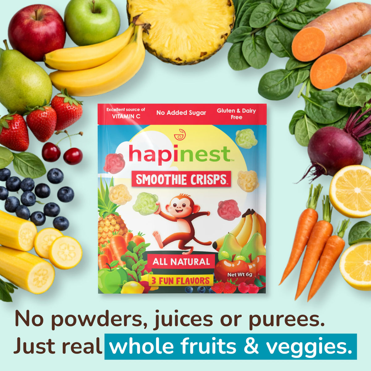Hapinest Smoothie Crisps gluten-free and nut-free badge reassures parents