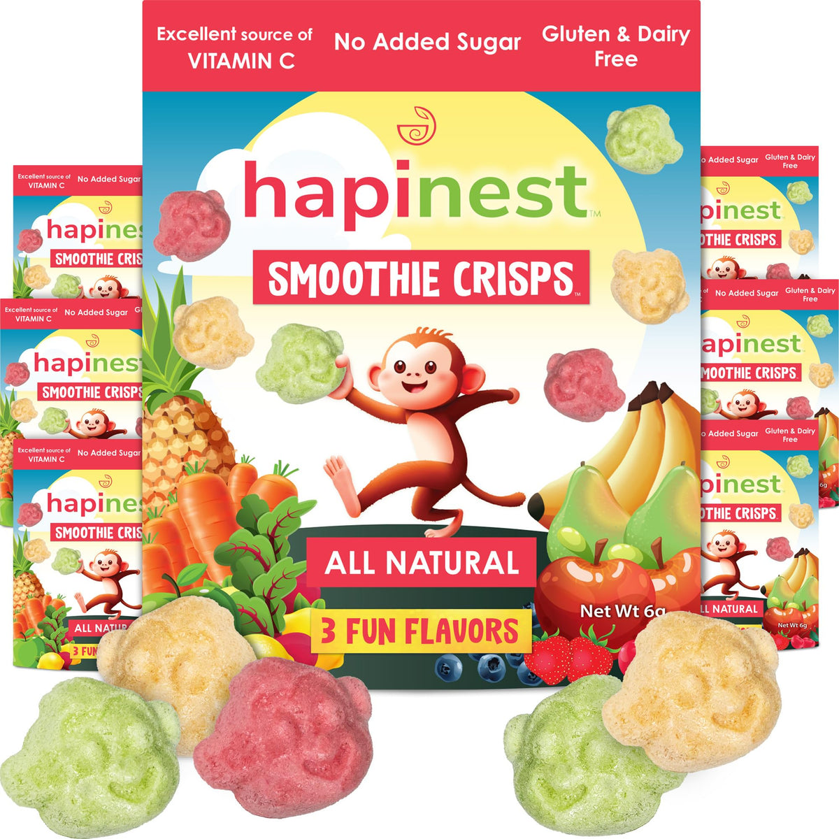 Hapinest Smoothie Crisps packaging with three flavors supports on-the-go snacking