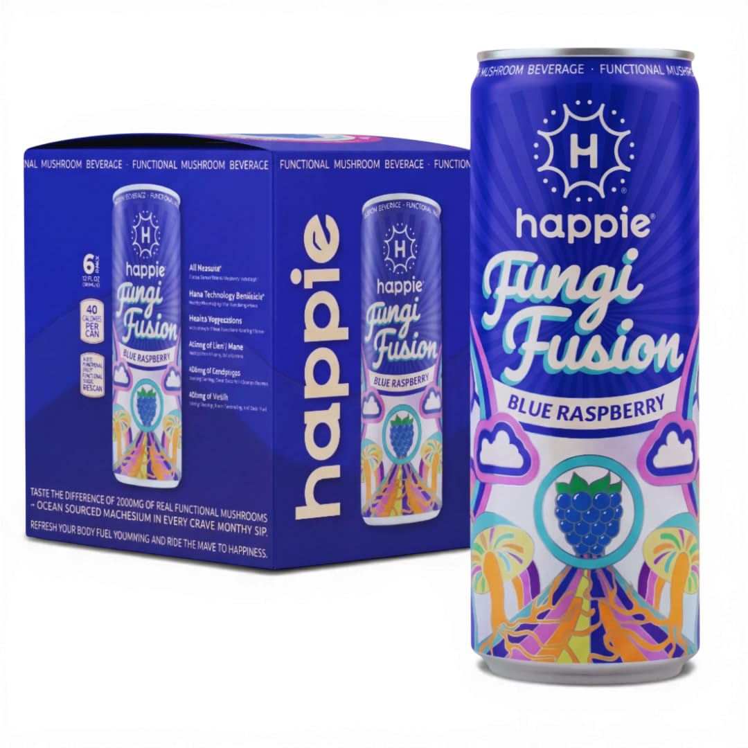 Happie Fungi Fusion blue raspberry can with crisp fizz and zero sugar.