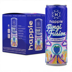 Happie Fungi Fusion blue raspberry can with crisp fizz and zero sugar.