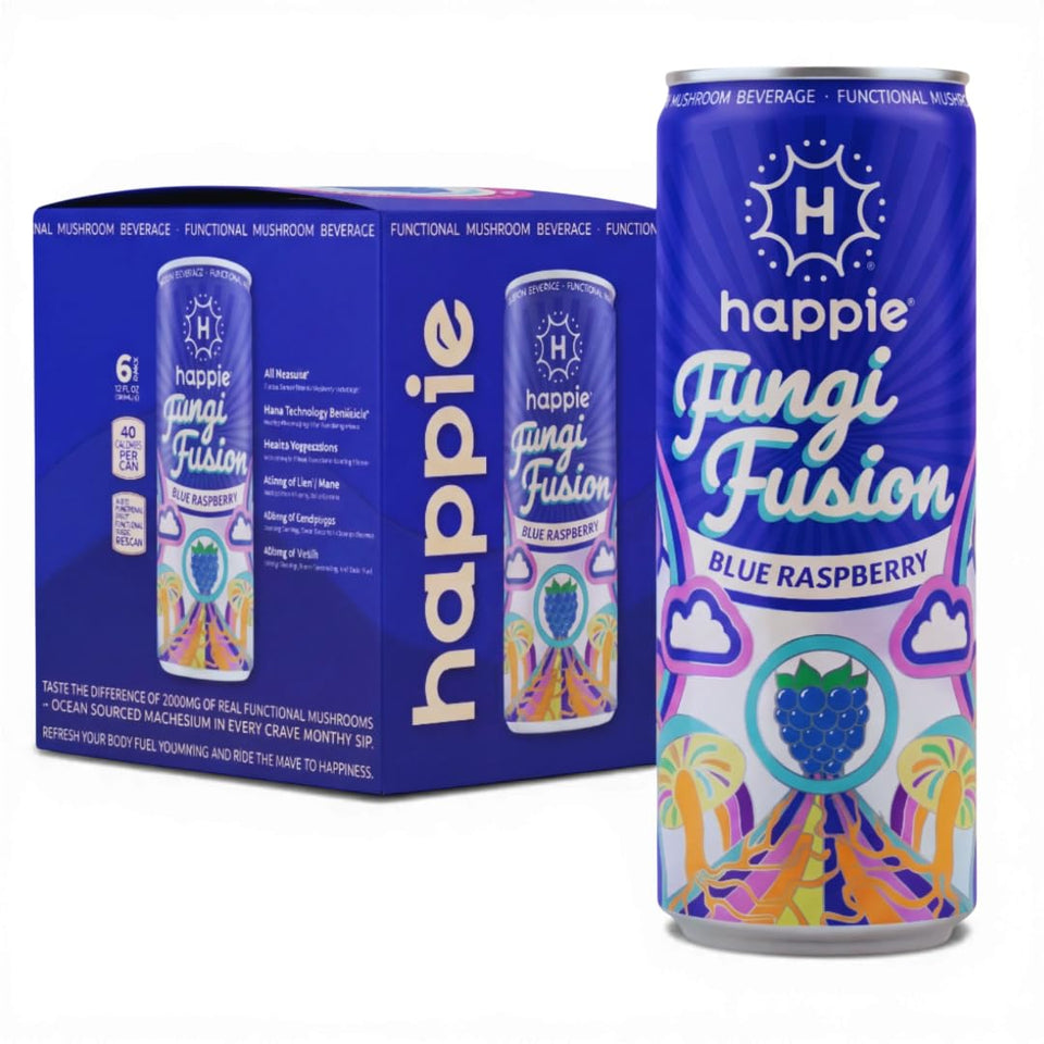 Happie Fungi Fusion blue raspberry can with crisp fizz and zero sugar.