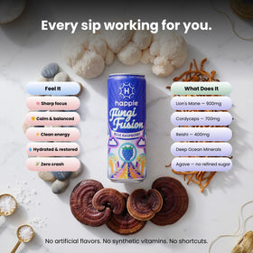 Happie Fungi Fusion ingredients badge shows vegan and non-GMO status.