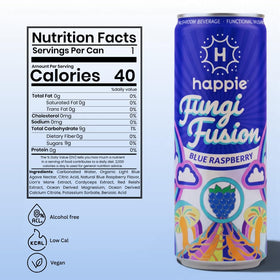 Happie Fungi Fusion mushroom label highlights Lion's Mane, Cordyceps, and Reishi for adaptogenic clarity.