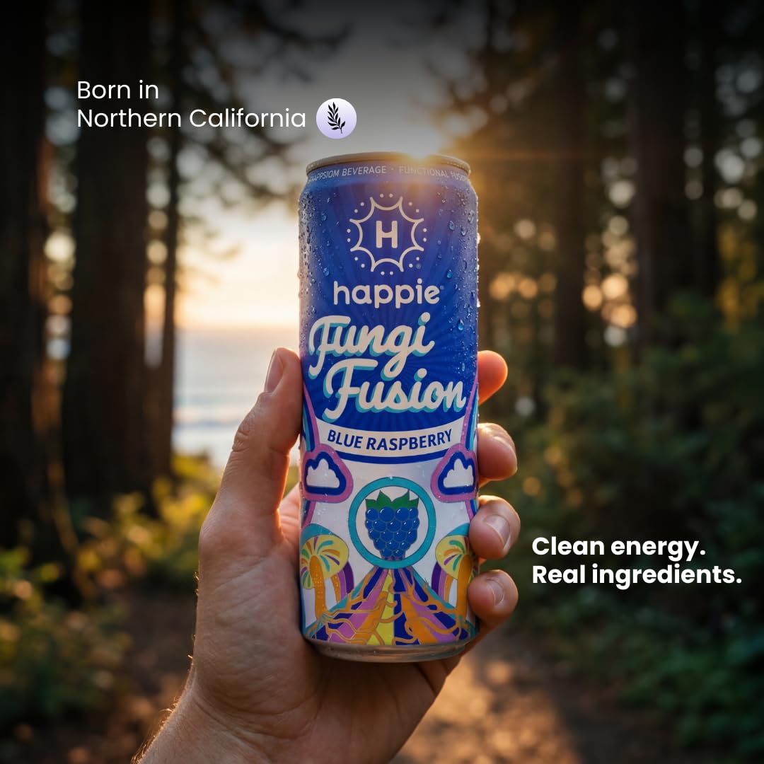 Happie Fungi Fusion six-pack communicates value and convenient sharing.