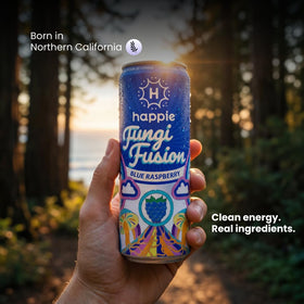 Happie Fungi Fusion six-pack communicates value and convenient sharing.