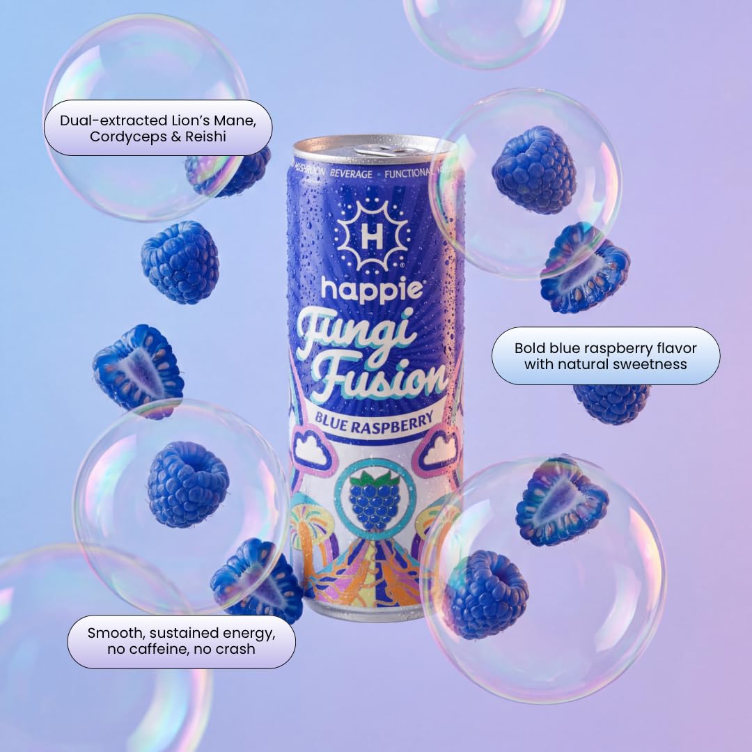 Happie Fungi Fusion sparkling liquid pouring against a bright blue label.
