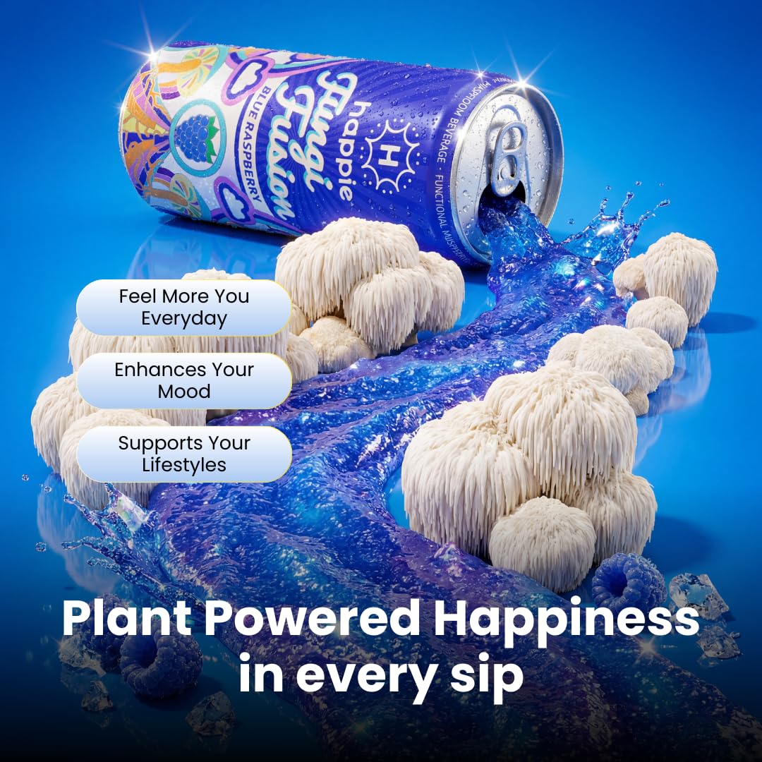 Happie Fungi Fusion vegan non-GMO emblem reinforces clean ingredient story.