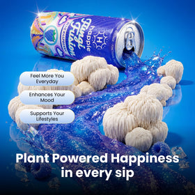 Happie Fungi Fusion vegan non-GMO emblem reinforces clean ingredient story.