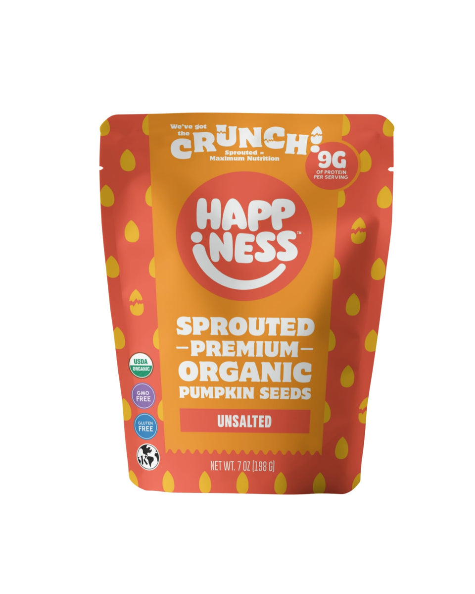 Happiness Foods unsalted sprouted pumpkin seeds bag highlights organic packaging for a convenient protein snack.