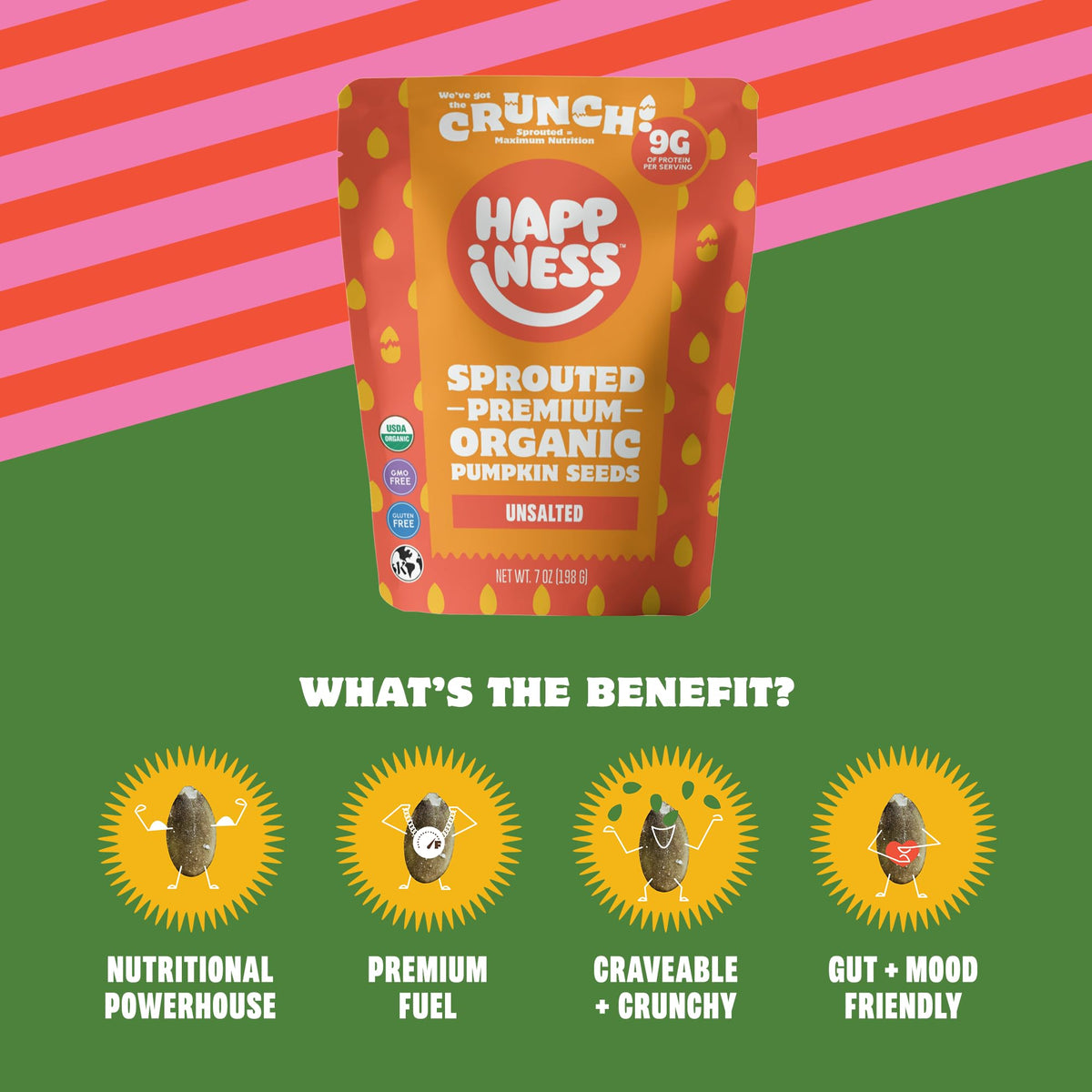 Happiness Foods unsalted sprouted pumpkin seeds closeup showcases crunchy texture and rich nutty aroma.