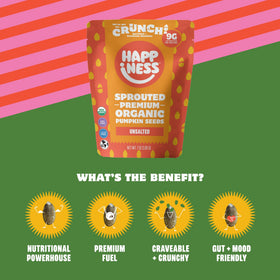 Happiness Foods unsalted sprouted pumpkin seeds closeup showcases crunchy texture and rich nutty aroma.