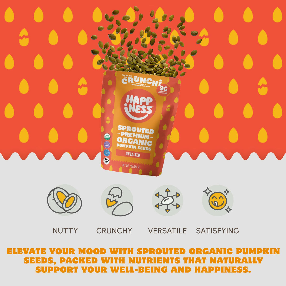 Happiness Foods unsalted sprouted pumpkin seeds pour demonstrates ready-to-snack versatility and protein boost.