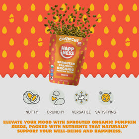 Happiness Foods unsalted sprouted pumpkin seeds pour demonstrates ready-to-snack versatility and protein boost.