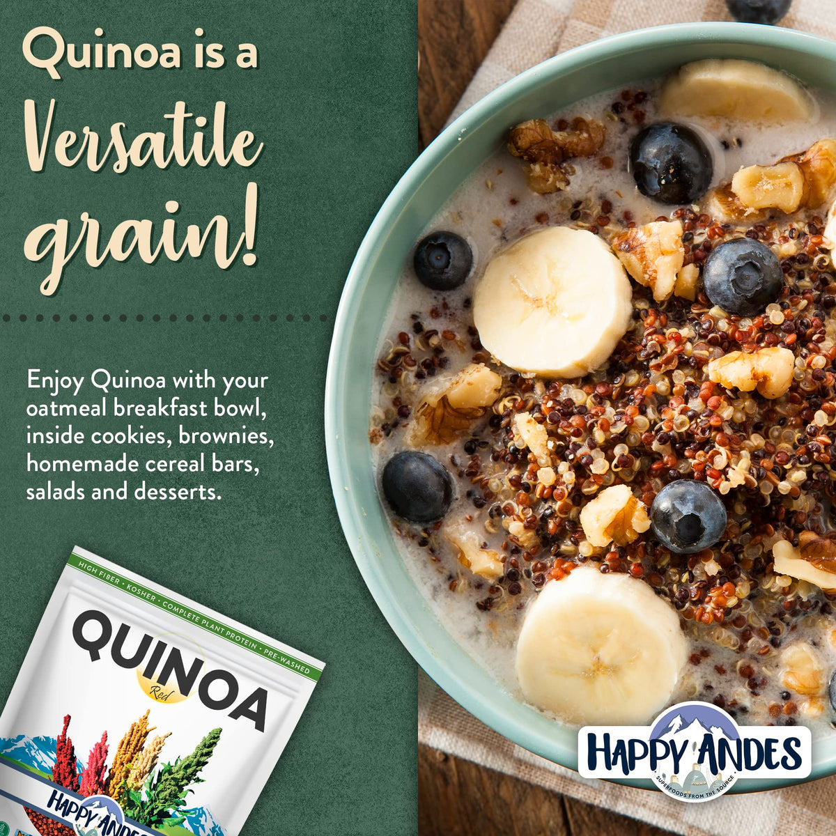 Happy Andes Organic Tri-Color Quinoa ingredients, single-source Peru origin