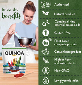 Happy Andes Tri-Color Quinoa dry grains close-up, vibrant natural colors