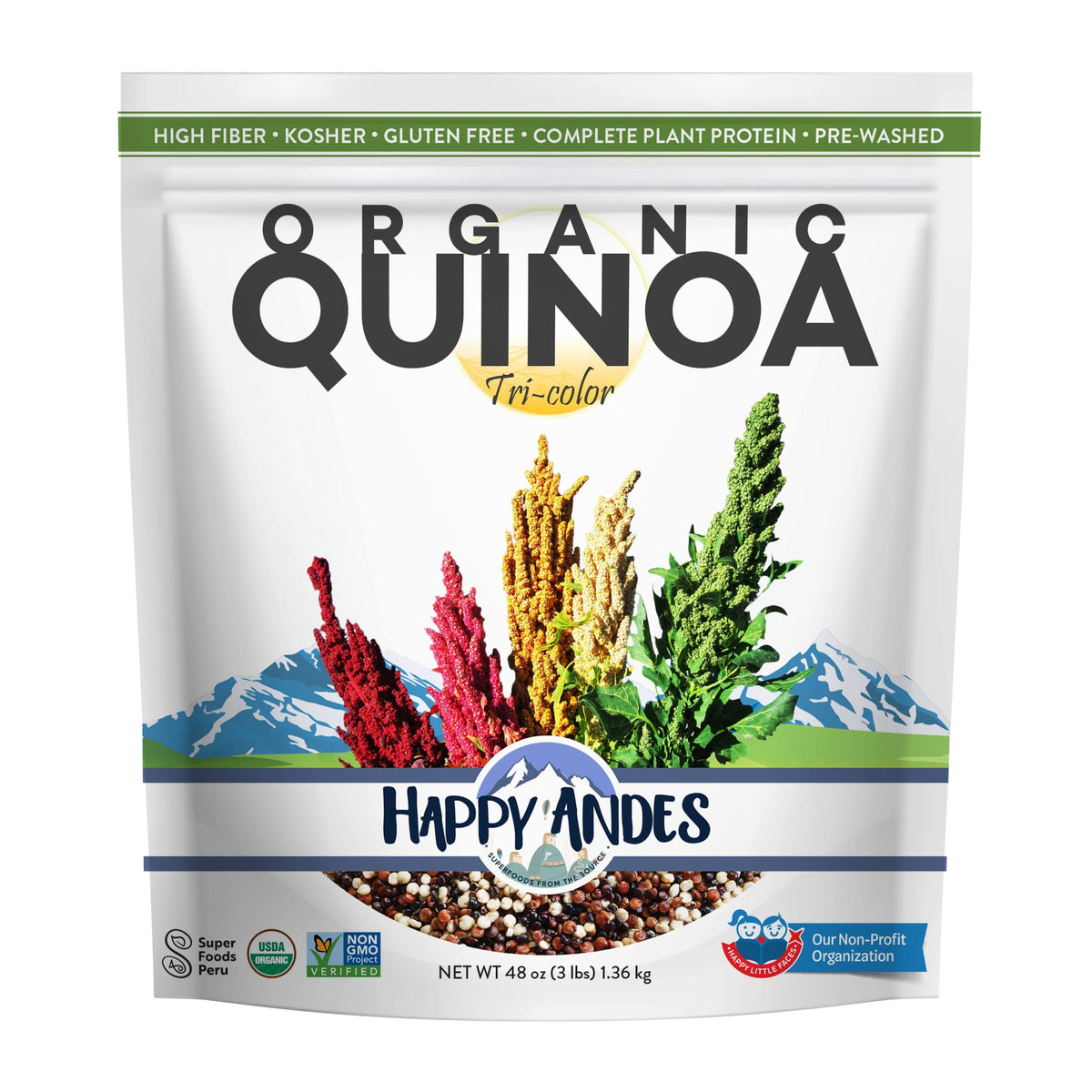 Happy Andes Tri-Color Quinoa pack shot, organic gluten-free staple for healthy meals