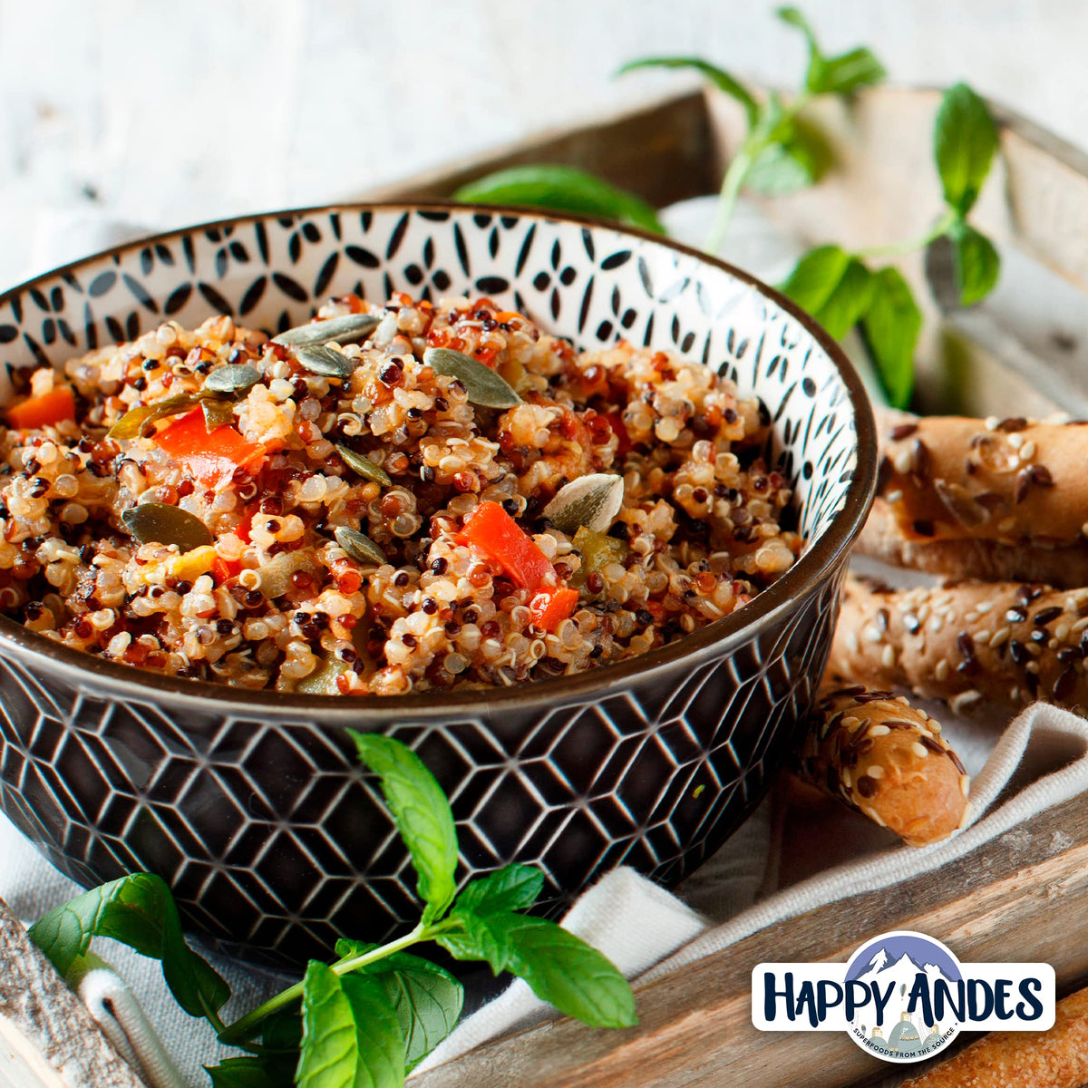 Happy Andes Tri-Color Quinoa ready-to-cook package, simple prep and cook