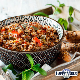 Happy Andes Tri-Color Quinoa ready-to-cook package, simple prep and cook