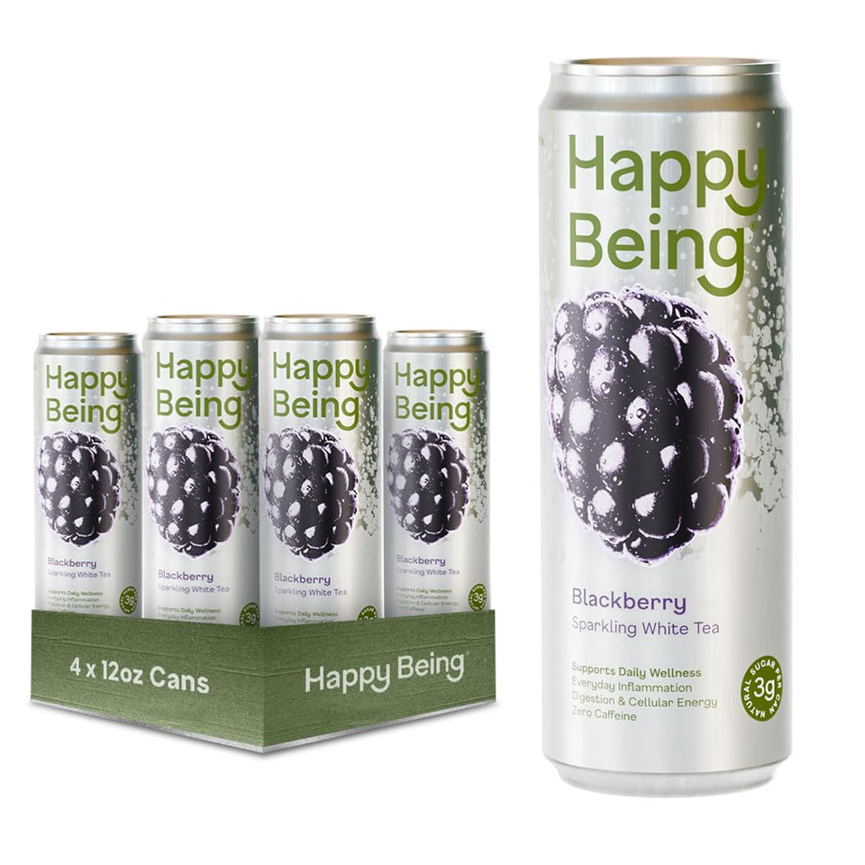 Happy Being Blackberry Sparkling White Tea bottle with refreshing, low-sugar flavor