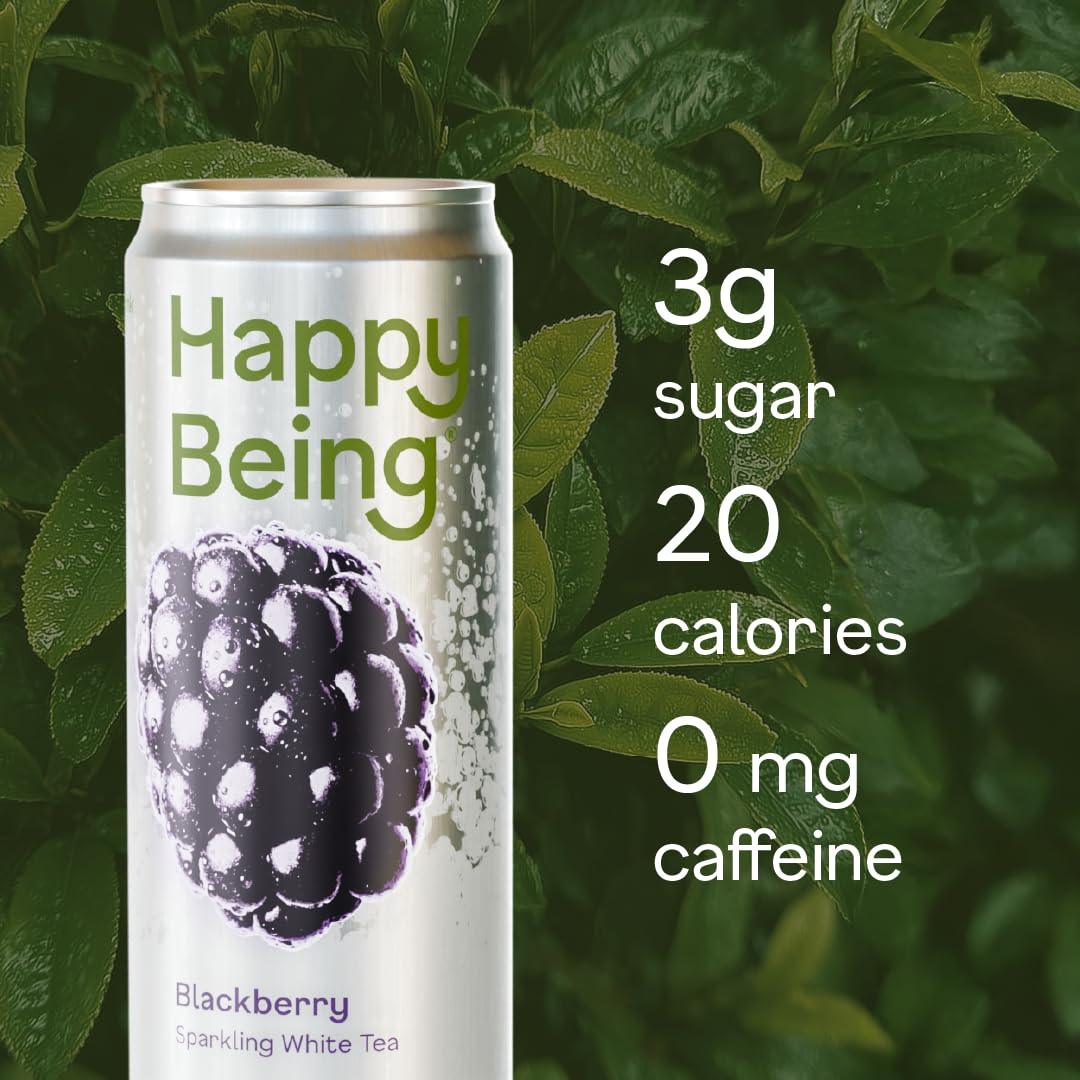 Happy Being Blackberry Sparkling White Tea label displays clean ingredients and wellness vibe