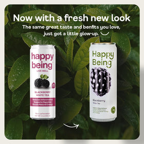 Happy Being Blackberry White Tea ingredients turmeric elderberry blueberry for polyphenol-rich flavor.