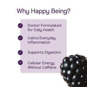Happy Being Blackberry White Tea lifestyle shot suggests plant-based, low-calorie option.