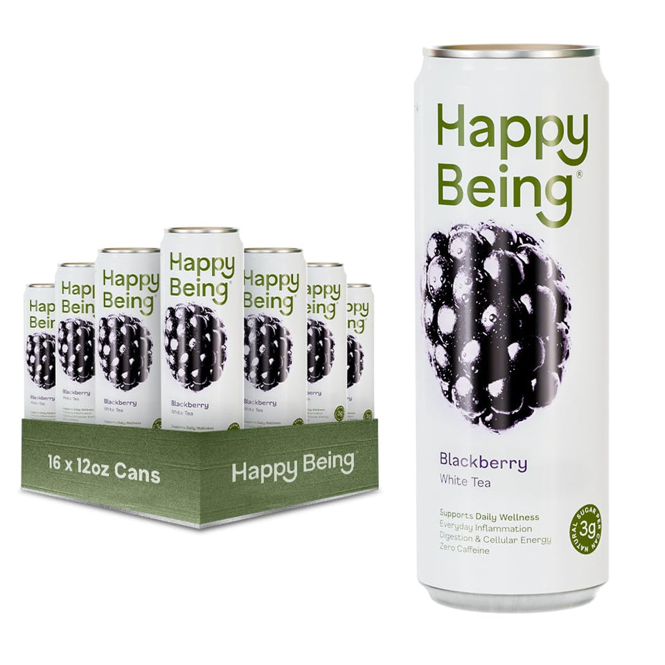 Happy Being Blackberry White Tea packaging highlights premium ingredients and clean-label refreshment.