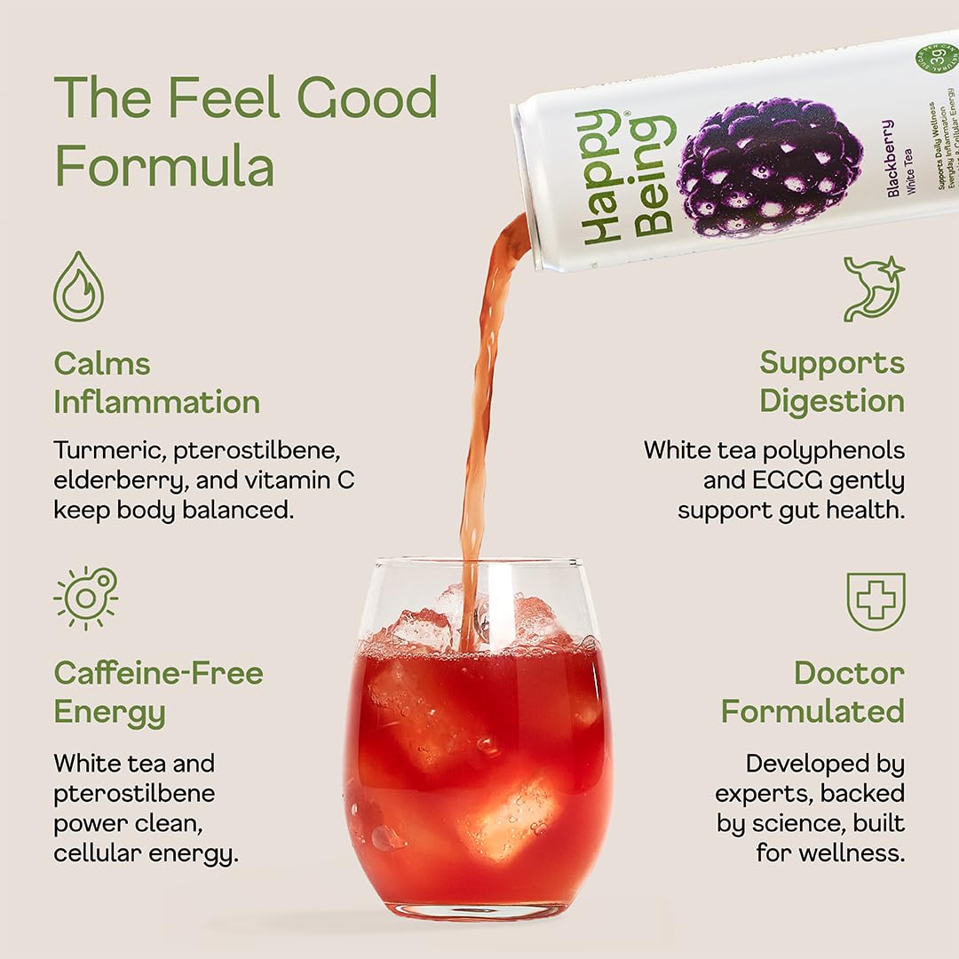 Happy Being Blackberry White Tea steeped cup reveals golden hue with berry notes.